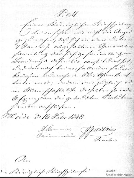 Andreas Stammer meldete am 16. Februar 1848 das Heider Brandkorps einsatzbereit